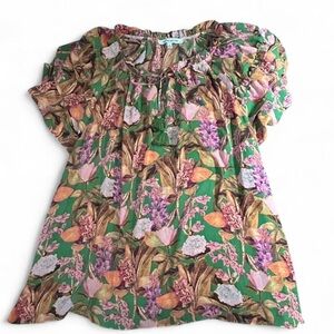 Rose & Olive Multicolor Floral Top with Ruffle Flutter Sleeves and Tassels.